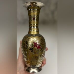 Vintage Hand-Engraved Brass Vase, Silver Plated with Red Enamel, Boho Decor